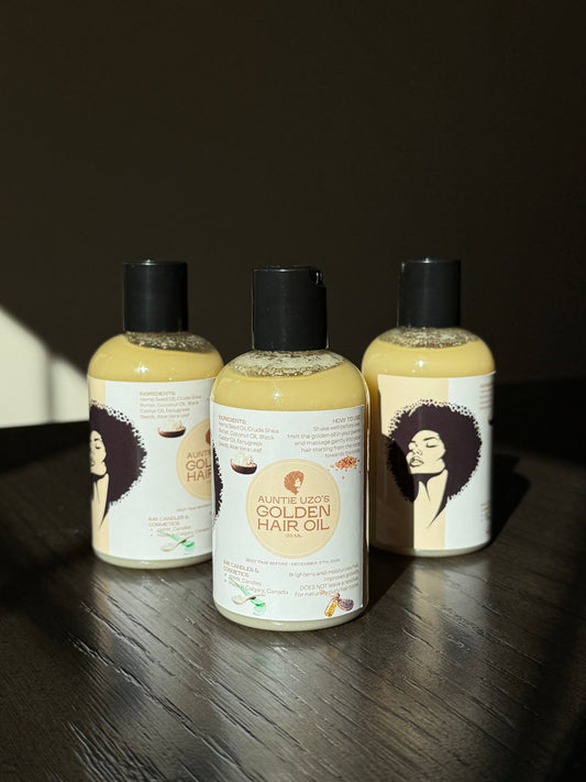 Auntie Uzo's Golden Hair Oil 4oz Naturally Curly, African, 3C, 4C Type Hair Made From Natural And Eco Shea Butter Fenugreek Black Castor Oil