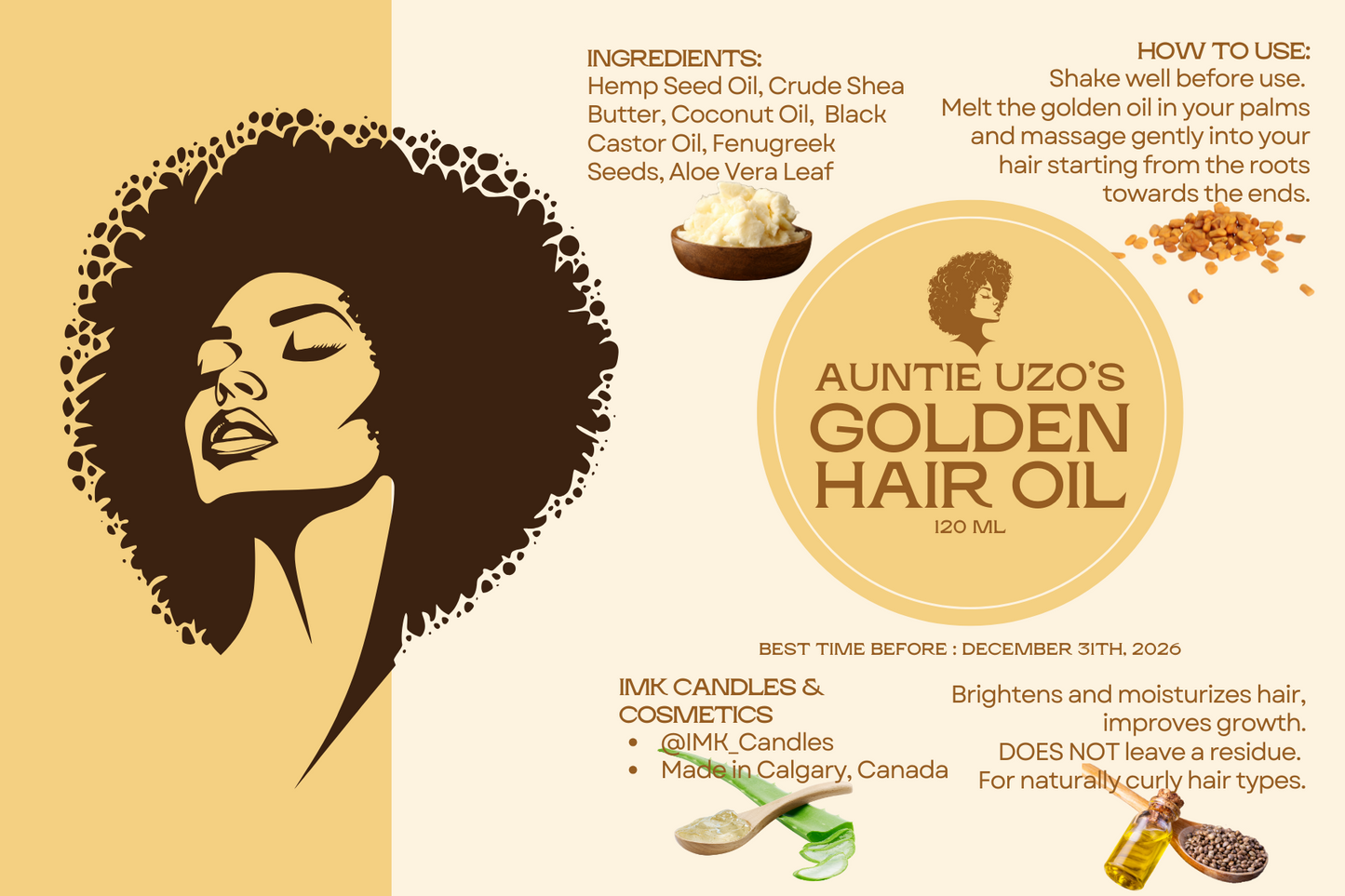 Auntie Uzo's Golden Hair Oil 4oz Naturally Curly, African, 3C, 4C Type Hair Made From Natural And Eco Shea Butter Fenugreek Black Castor Oil
